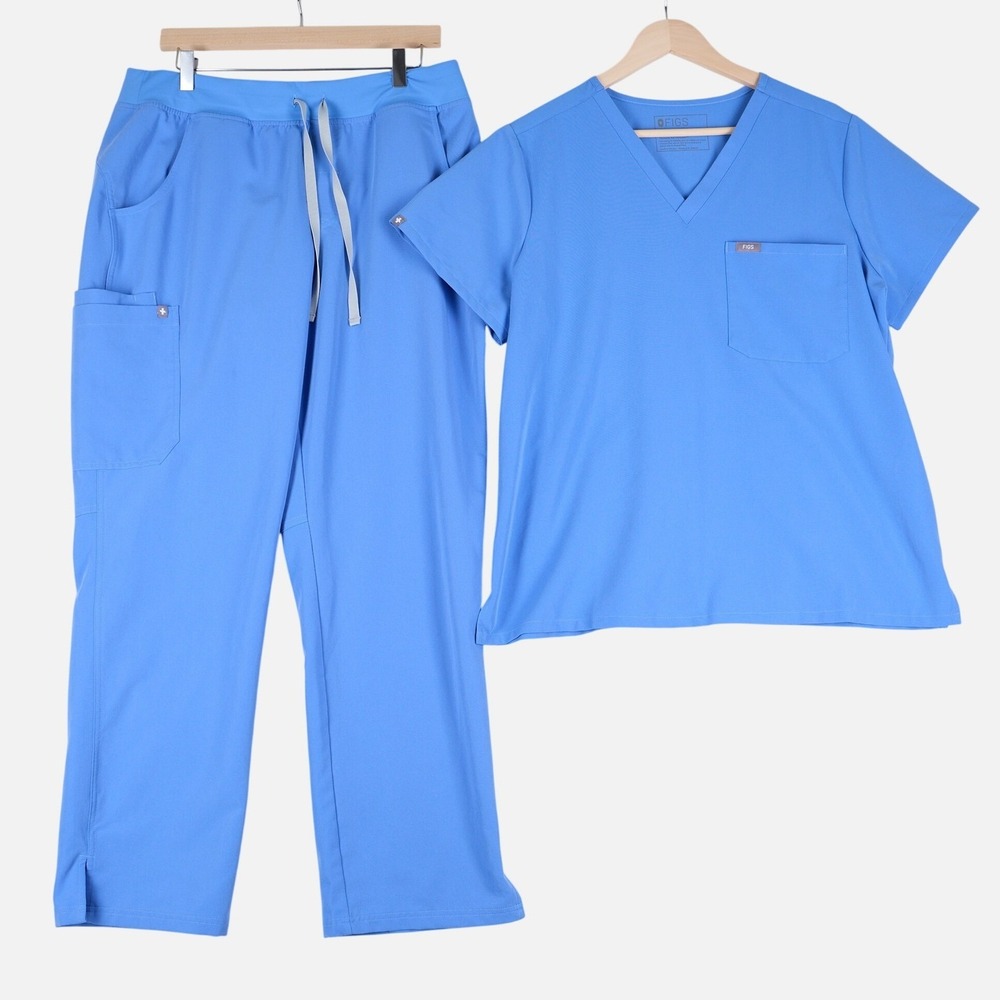 FIGS Scrubs Technical Collection Mens Set XL Ceil Blue V-Neck Cargo Pants